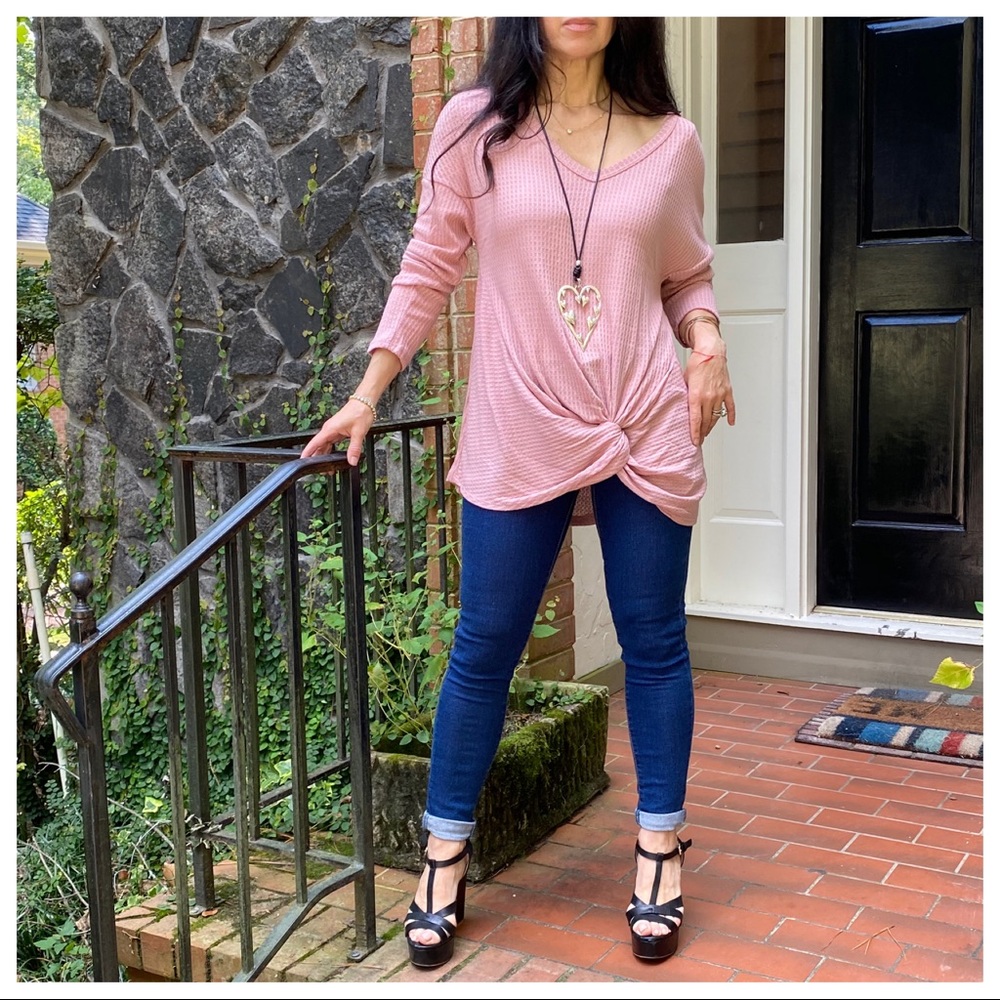 Waffle knit long sleeve tunic with front twist - Picture 5 of 9